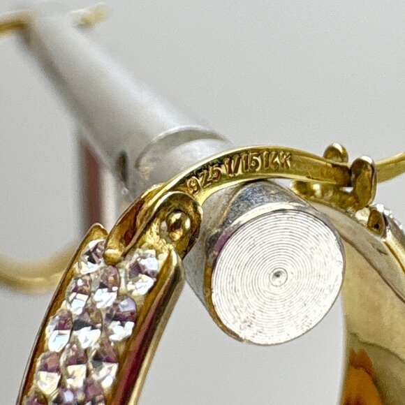 14K & Sterling Silver 925 Cubic Zirconia Elongated Hoop Earrings Size 1" Length - Picture 9 of 13